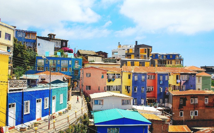 landscape photography of blue and yellow houses